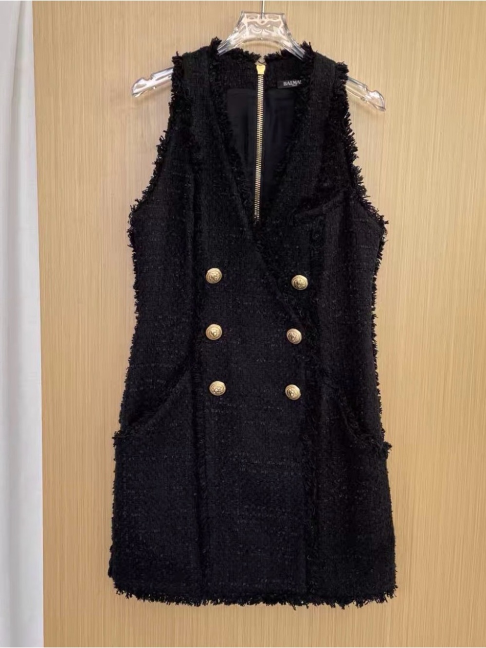 Balmain Black Tweed Sleeveless Double-Breasted Mini Dress with Gold Buttons
